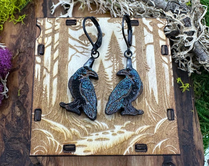 Featured listing image: Hand-Painted Iridescent Raven Leverback Earrings
