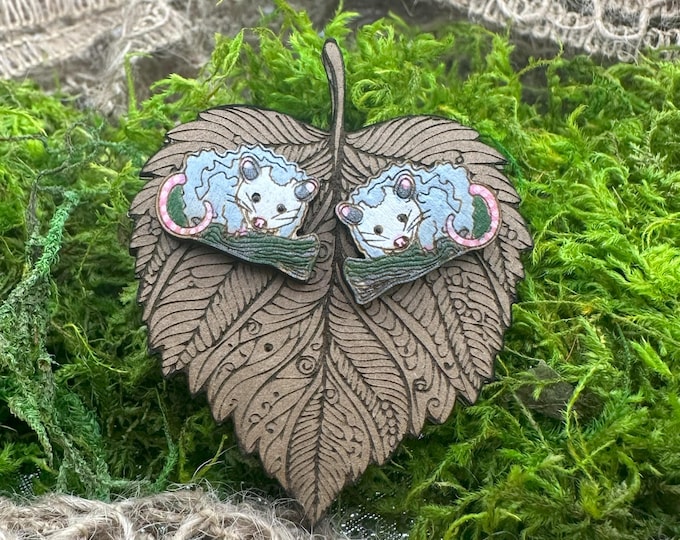 Handmade Opossum Stud Earrings, Necklace, Hair Clips, or Pin