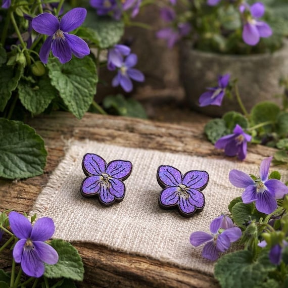 Violet Earrings: Hand-Painted Wildflower Studs (Laser-Cut Basswood)