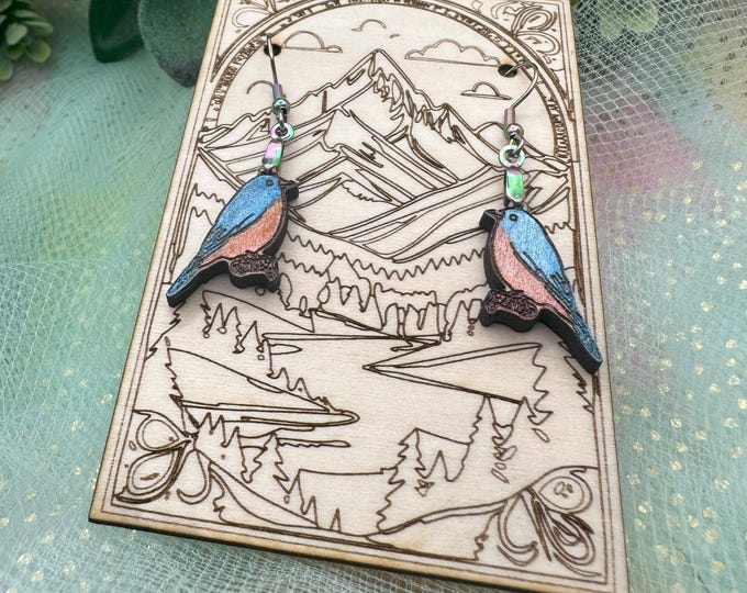 Dangle Bluebird Earrings in a wood gift box