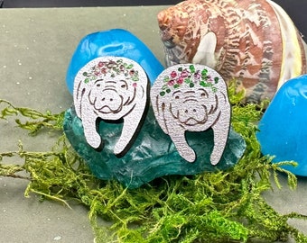 Manatee Earrings in a wood gift box