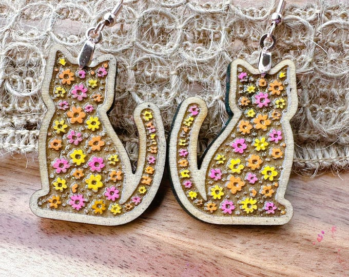 Flower Power Kitty Dangle Wood Earrings
