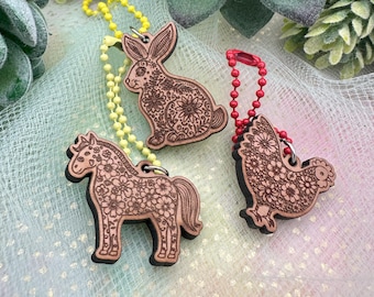 Floral Animal Cherry Wood Keychain Charms- 3 styles- Bunny or Horse or Chicken