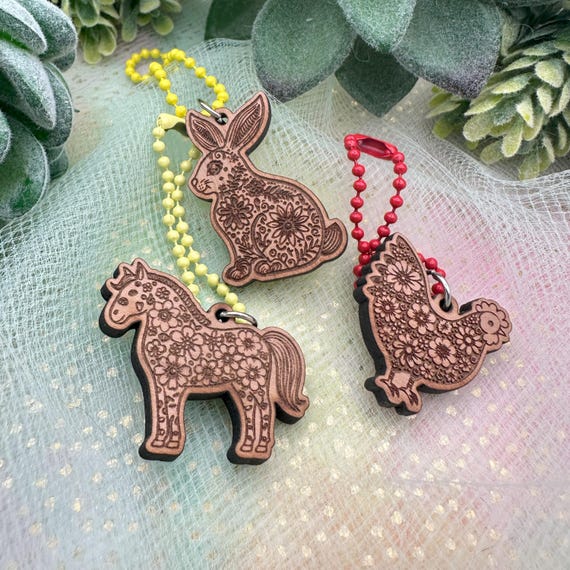 Floral Animal Keychain Charms: Cherry Wood Cutouts (Personalized Name)