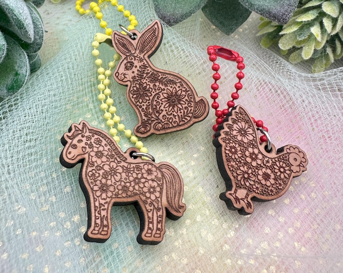 Floral Animal Cherry Wood Keychain Charms- 3 styles- Bunny or Horse or Chicken