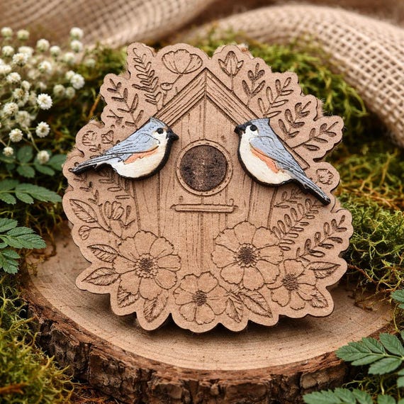 Wood Titmouse Earrings: Tiny Hand Painted Bird Studs
