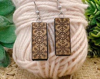 Laser Engraved Cherrywood Snowflake Dangle Earrings
