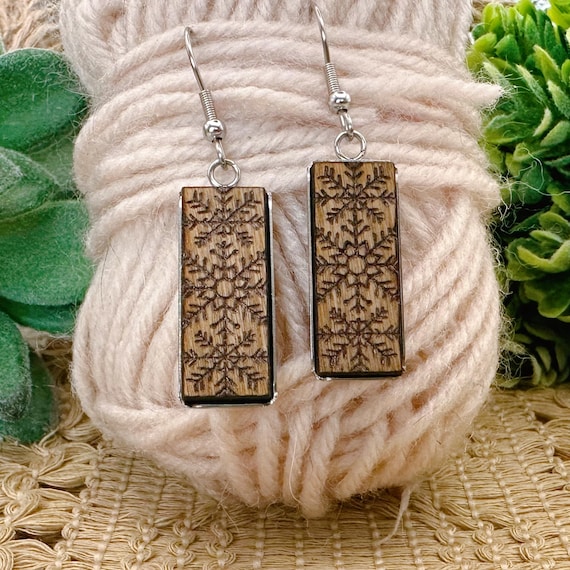 Snowflake Earrings: Laser Engraved Cherrywood - Lightweight, Natural Finish