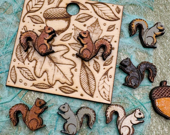 Squirrel Stud Earrings – Stainless Steel Posts, Woodland Animal Jewelry, 8 Color Choices, Hand-Painted Wood Earrings on Display Card