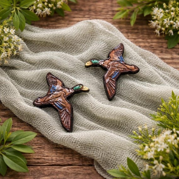 Mallard Duck Stud Earrings - Hand-Painted Wooden Bird Jewelry