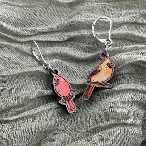 Male & Female Cardinal Earrings – Wood Bird Jewelry, Stainless Steel Leverbacks