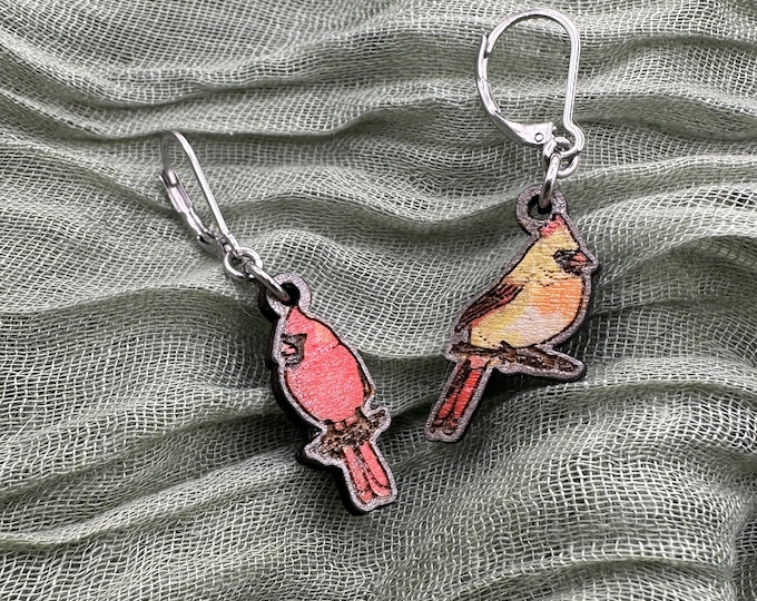 Male & Female Cardinal Earrings – Wood Bird Jewelry, Stainless Steel Leverbacks