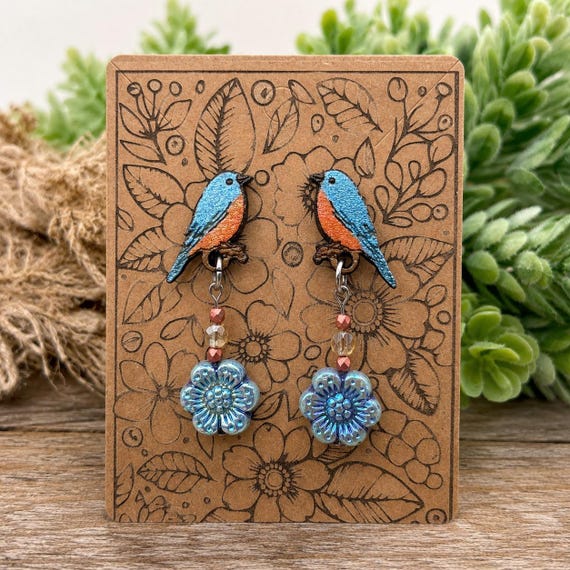 Hand-painted Wood Bluebird Earrings with Blue Czech Glass Flower Dangle