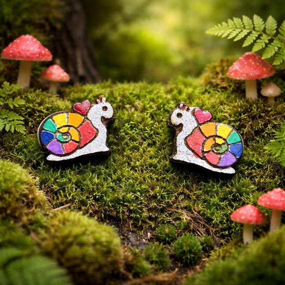 Rainbow Snail Stud Earrings - Small, Hand-Painted, Lightweight