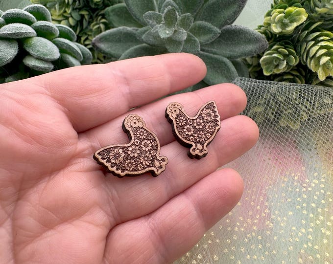 Cherry Wood Floral Chicken Earrings