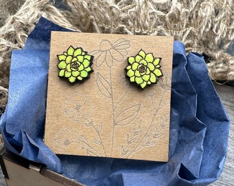Apple Green Succulent Earrings in a wood gift box