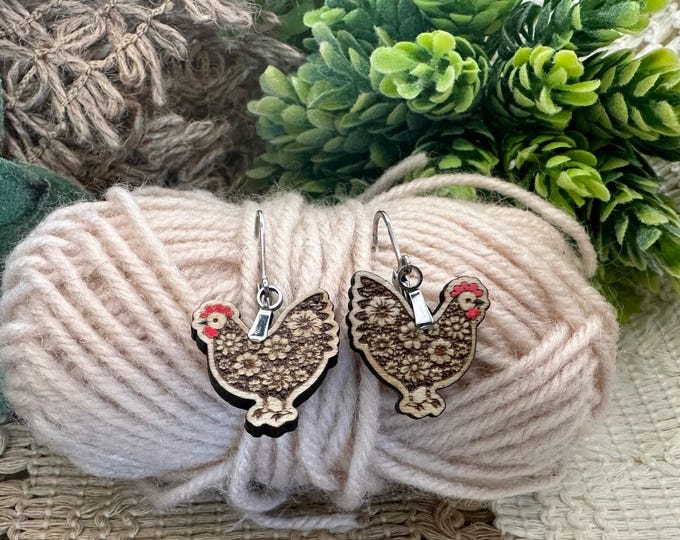 Floral Chicken Design Wood and Stainless Steel Leverback Earrings