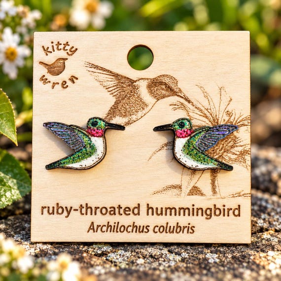 Ruby-Throated Hummingbird Earrings | Hand Painted Bird Studs
