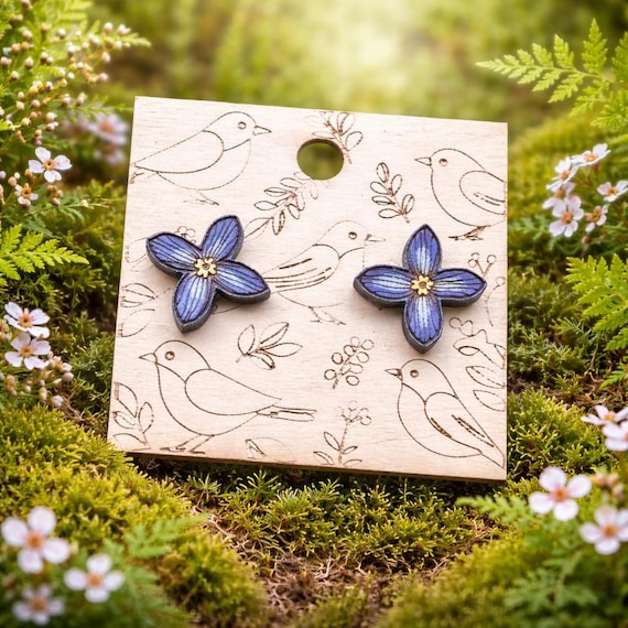 Wild Bluet Flower Stud Earrings – Hand Painted Wood Jewelry Inspired by Appalachian Wildflowers
