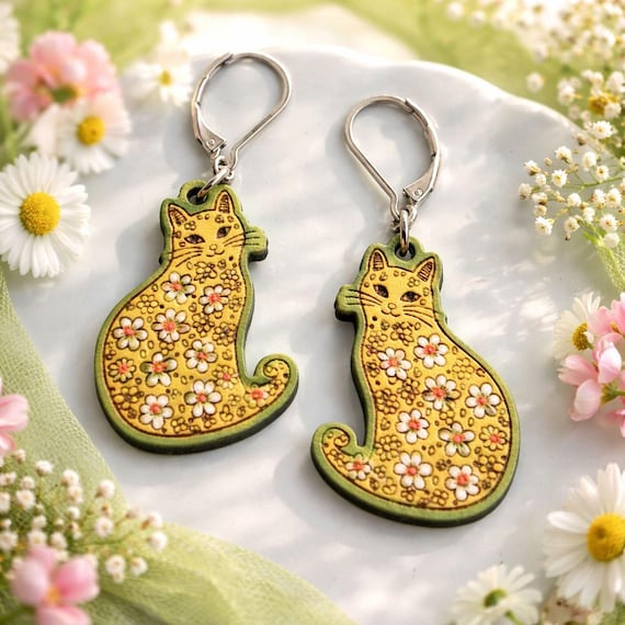 KittyCat  Leverback Earrings: Floral Wood Design - Lightweight Spring Style