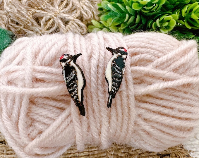 Downy Woodpecker Earrings in a wood gift box