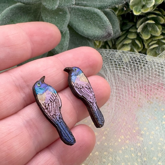 Grackle Bird Earrings: Hand-Painted Wood - Lightweight, Hypoallergenic