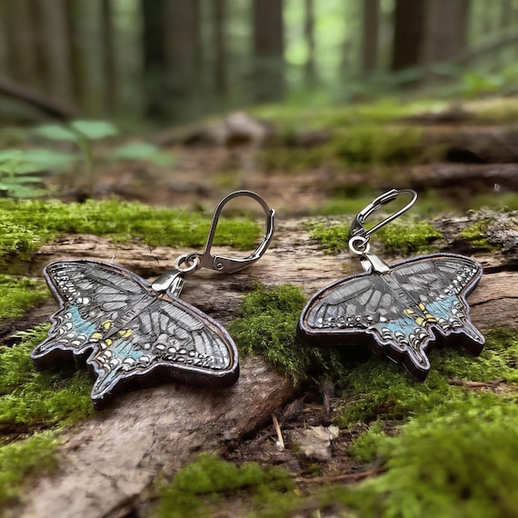 Spicebush Swallowtail Butterfly Earrings - Lightweight Wood Dangles