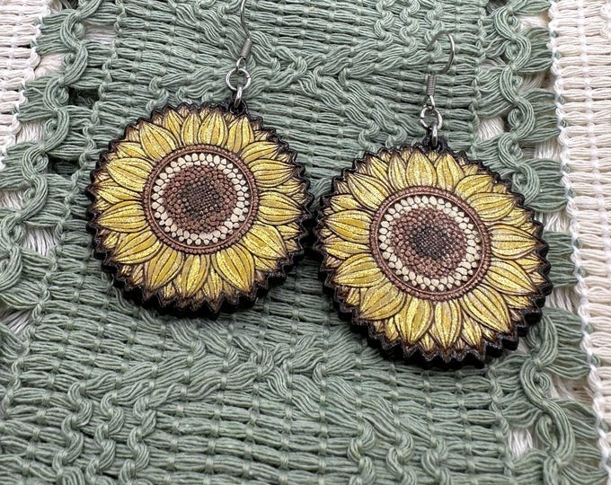 Sunflower Wood Dangle Earrings- Hand painted, Bold but Lightweight