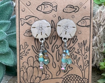 Sand Dollar Wood and Czech Glass Earrings