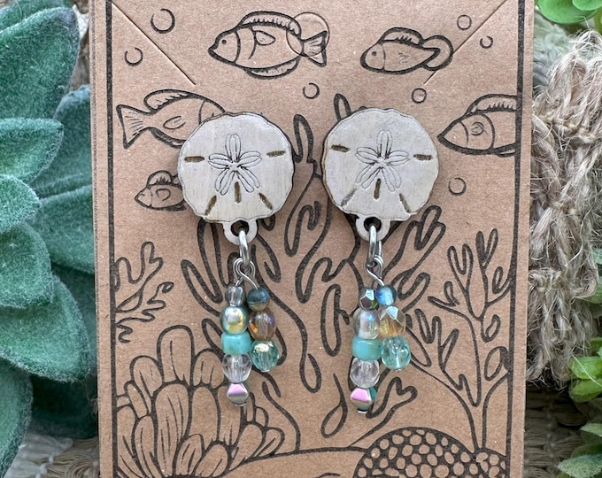 Sand Dollar Wood and Czech Glass Earrings