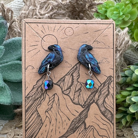Crow Wood Earrings, Hand Painted with Czech Glass Beads (Studs)