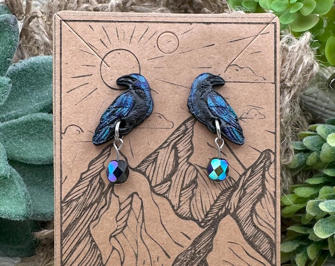 Crow Wood and Czech Glass Earrings