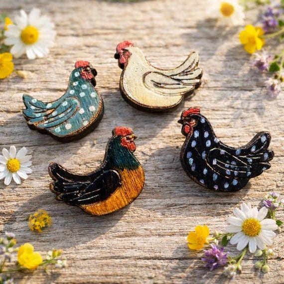 Hand-Painted Chicken Stud Earrings in a Wood Gift Box