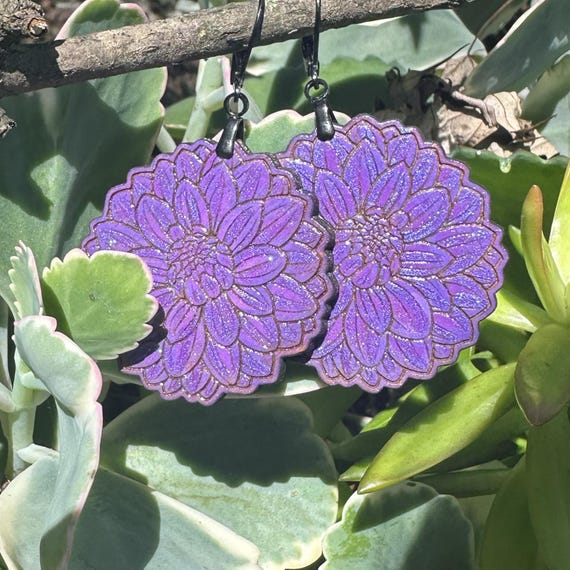 Bold Purple Dahlia Leverback Wood Earrings