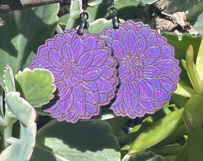 Bold Purple Dahlia Leverback Wood Earrings