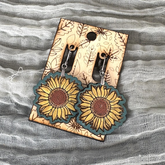 Sunflower Earrings: Lightweight Wood Dangles - Stainless Steel Posts