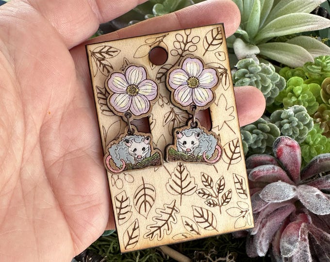 Opossum & Spring Beauty Flower Earrings