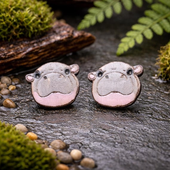 Pygmy Hippo Stud Earrings – Laser Cut Wood Animal Jewelry with Tropical Gift Box