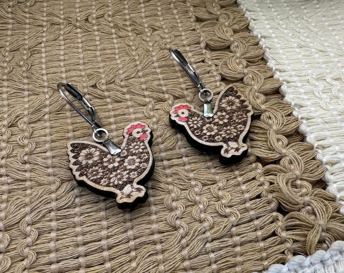 Floral Chicken Design Wood and Stainless Steel Leverback Earrings