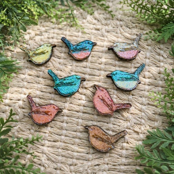 Woodland Wren Stud Earrings, Hand-Painted Glitter (Tiny, Lightweight)