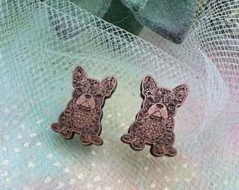 Floral French Bulldog Wood Earrings