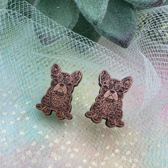 Cherry Wood French Bulldog Earrings - Floral Laser Cut Studs