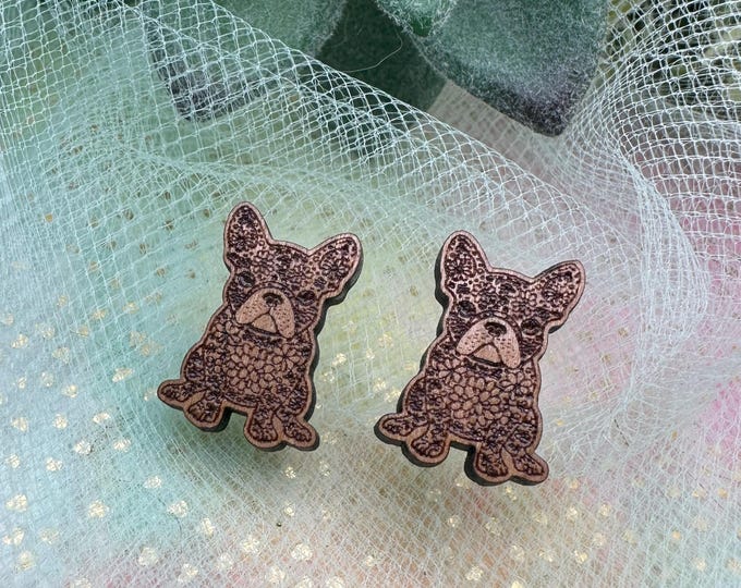 Floral French Bulldog Wood Earrings