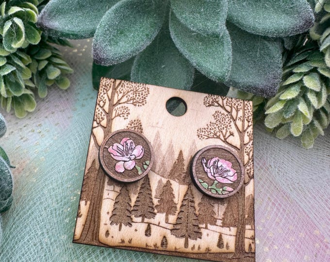 Apple Blossom Stud Earrings – Laser Cut Wood, Hypoallergenic Posts, Nature-Inspired Jewelry
