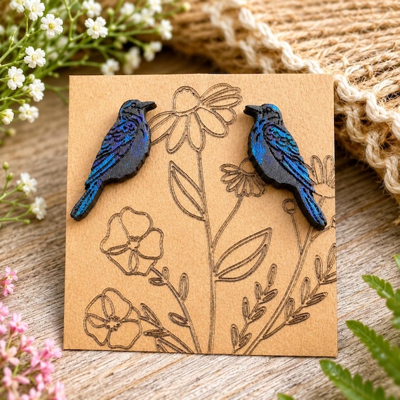 Corvid Wood Earrings: Iridescent Crow Design - Hand Painted