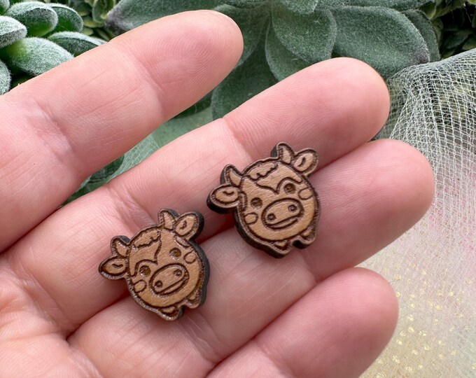 Cute Cow Cherry Wood Earrings