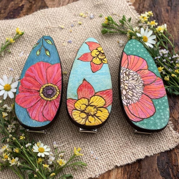 Floral Hair Clips Laser Cut from Wood and Hand Painted