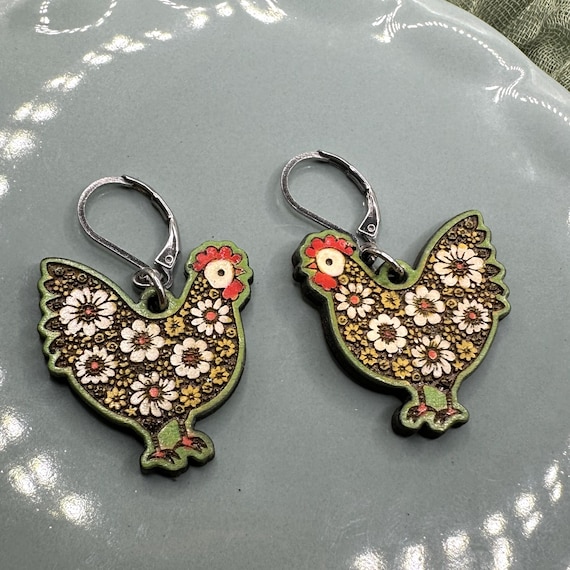 Spring Chicken Design Wood and Stainless Steel Leverback Earrings