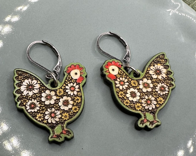 Spring Chicken Design Wood and Stainless Steel Leverback Earrings