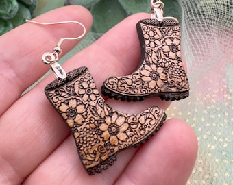 Floral Garden Boot Earrings laser cut from cherry wood